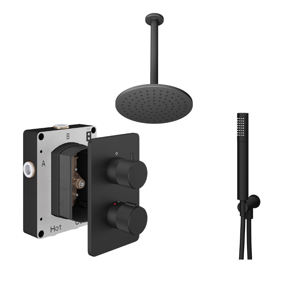 Product Cut out image of the Abacus Iso Pro Matt Black 2 Outlet Shower Pack with Ceiling Head & Handset